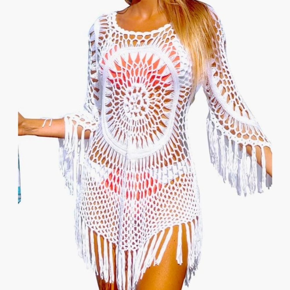 Victoria Leland Designs Elegant White Crochet Swim Cover-Up